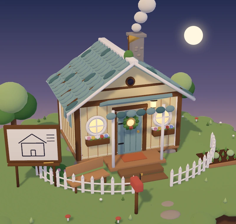 Moku’s finished daily cottage, with a teal tiled roof, a porch, flowers, a white fence, and glowing windows